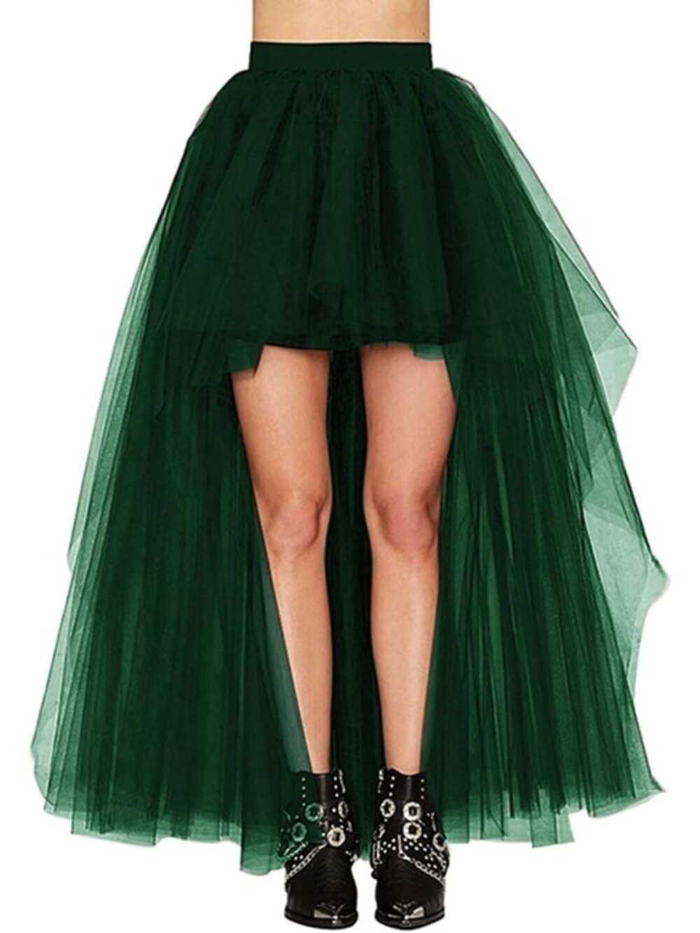 Women's Dark Green Hi-Lo Long Tutu Tulle Bustle Elastic Imported Waist Skirt